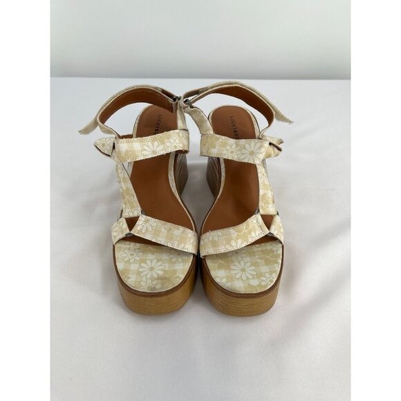Lucky Brand Demmia Platform Wedge Sandal Size.8.5 Buttered Yellow Floral Canvas - Picture 1 of 15